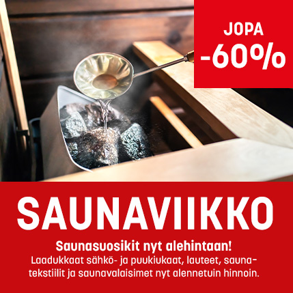 Saunaviikolla kiukaat, lauteet ja saunatarvikkeet tarjoushintaan