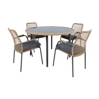 Ruokailuryhmä Home4You Prussia ø120cm + 4 tuolia, rottinki, harmaa/beige