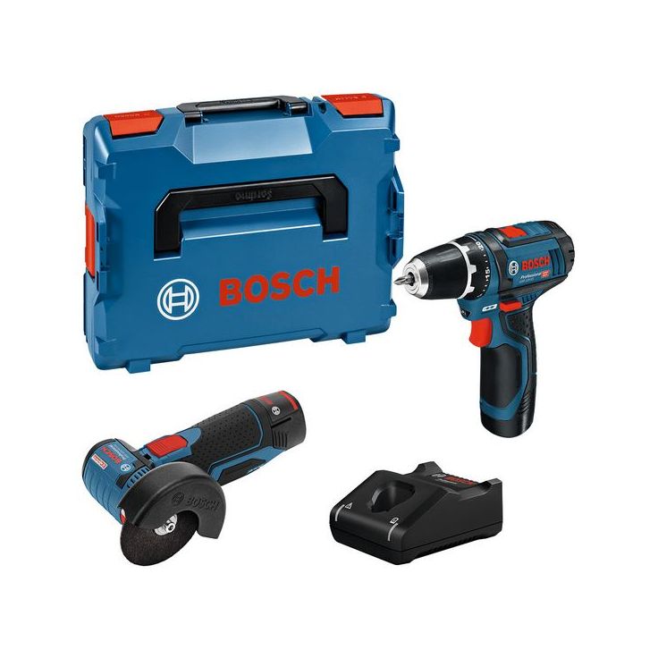 Akkukonesarja Bosch Professional GSR 12V-15 + GWS 12V-76, 2x2.0Ah akuilla + L-Boxx