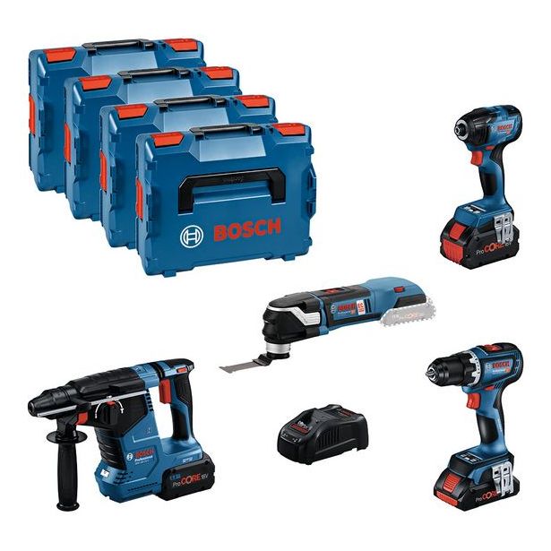 Akkukonesarja Bosch Professional, 4 osaa, 18V, 4.0+2x5.5Ah akuilla + 4x L-Boxx