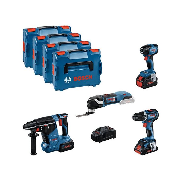 Akkukonesarja Bosch Professional, 4 osaa, 18V, 4.0+2x5.5Ah akuilla + 4x L-Boxx