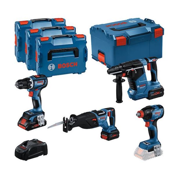 Akkukonesarja Bosch Professional, 4 osaa, 18V, 4.0+2x5.5Ah akuilla + 4x L-Boxx