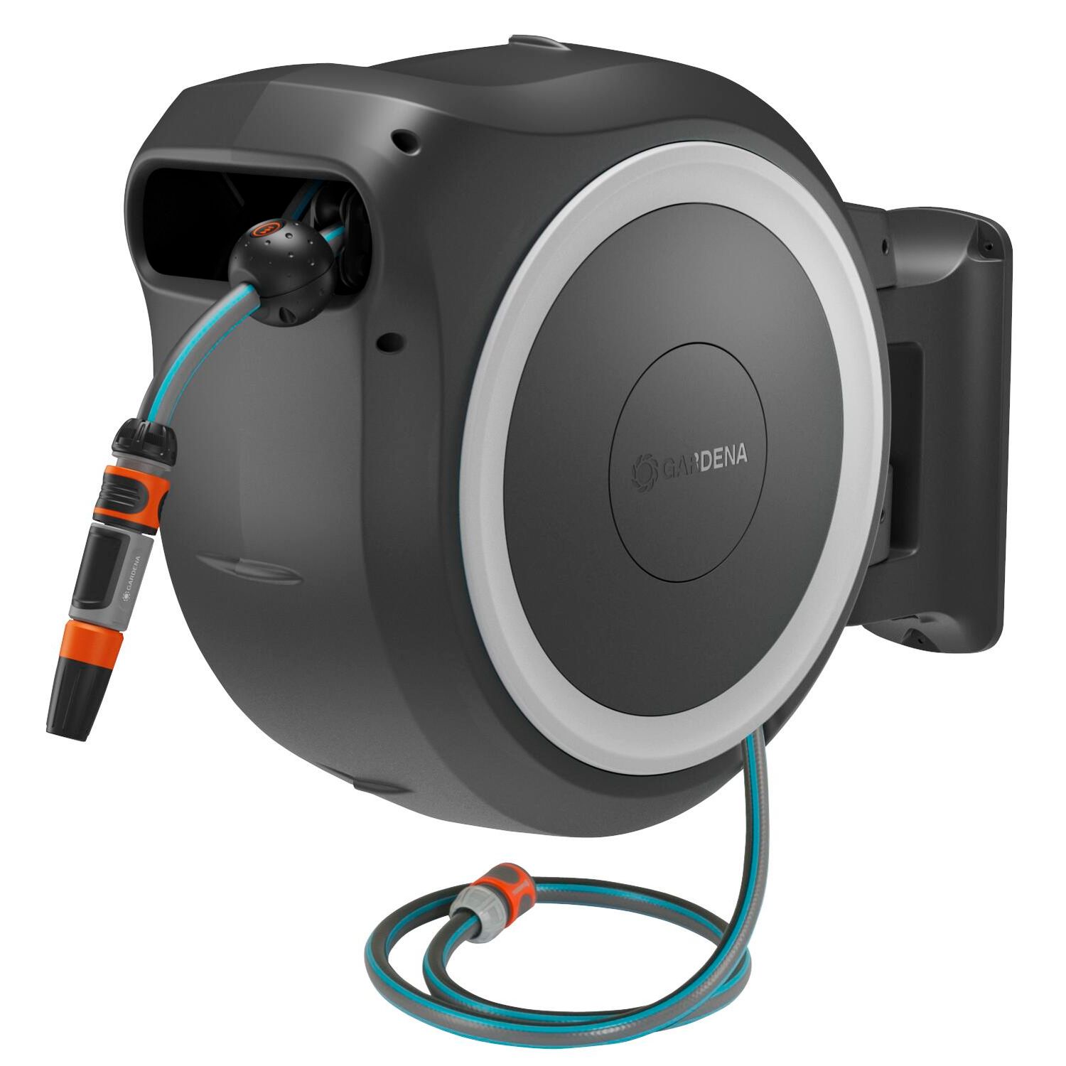 Akkutoiminen seinäletkukela Gardena PowerRoll XL 35m, valkoinen, 18V, 2.5Ah akulla