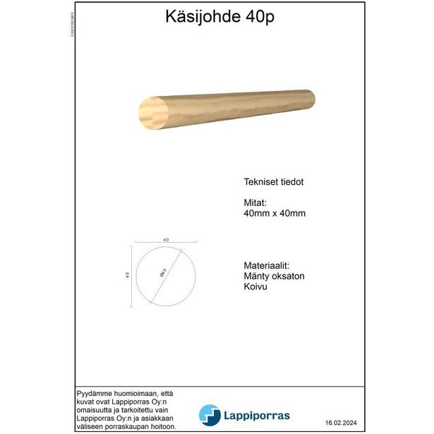 Käsijohde 40P mittakuva