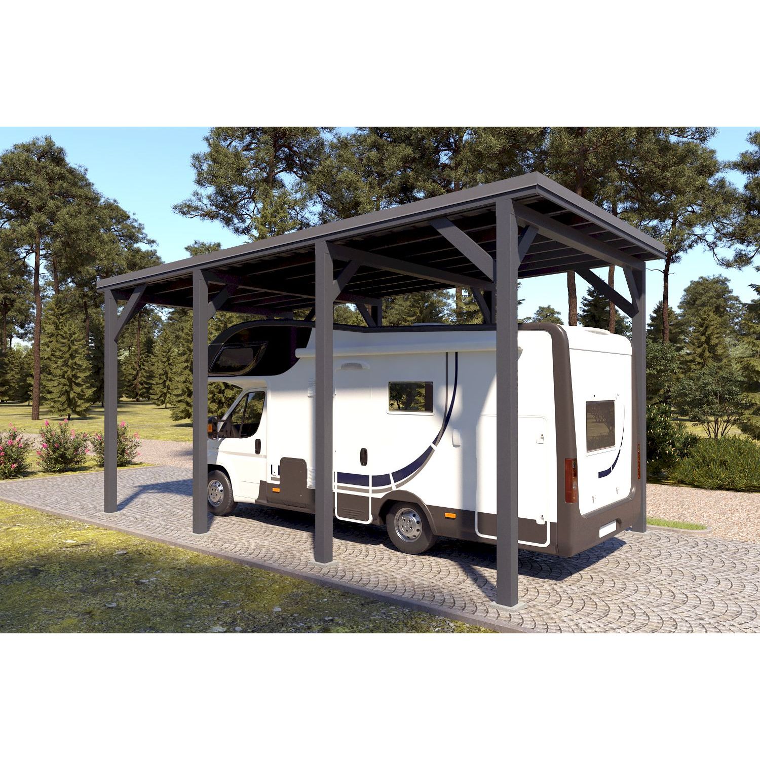 Matkailuautokatos Holzbrüder Ralf 28m2, antrasiitinharmaa RAL 7016, kattopelti tummanruskea RR32