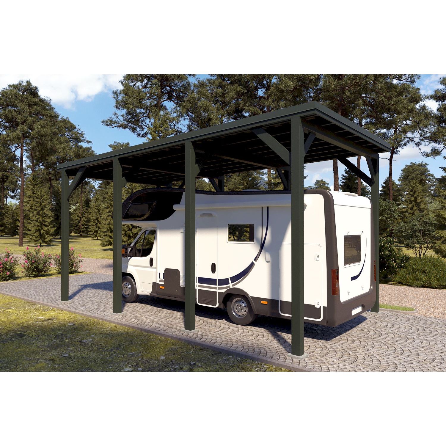 Matkailuautokatos Holzbrüder Ralf 28m2, krominvihreä RAL 6020, kattopelti tummanruskea RR32