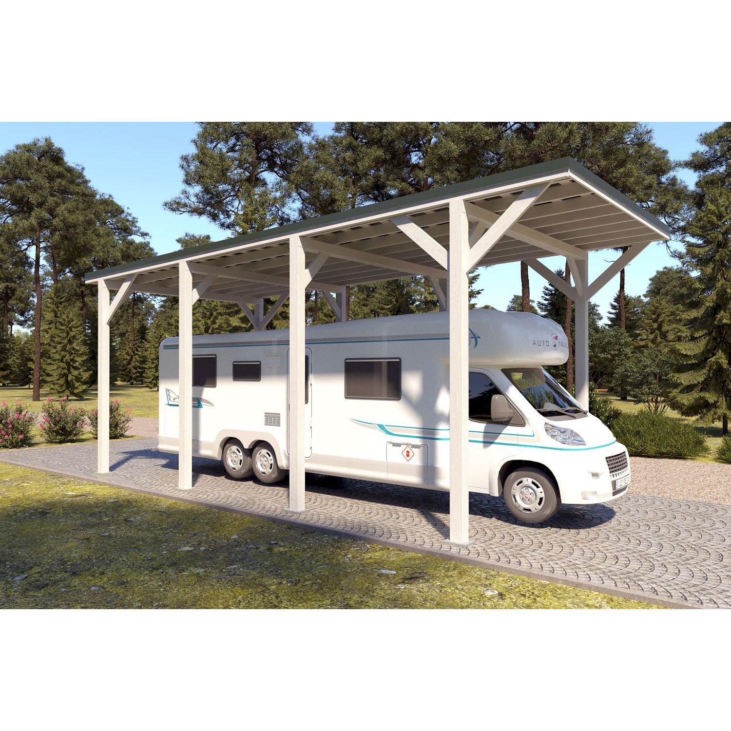 Matkailuautokatos Holzbrüder Ralf 32m2, puhdas valkoinen RAL 9010, kattopelti havunvihreä RR11