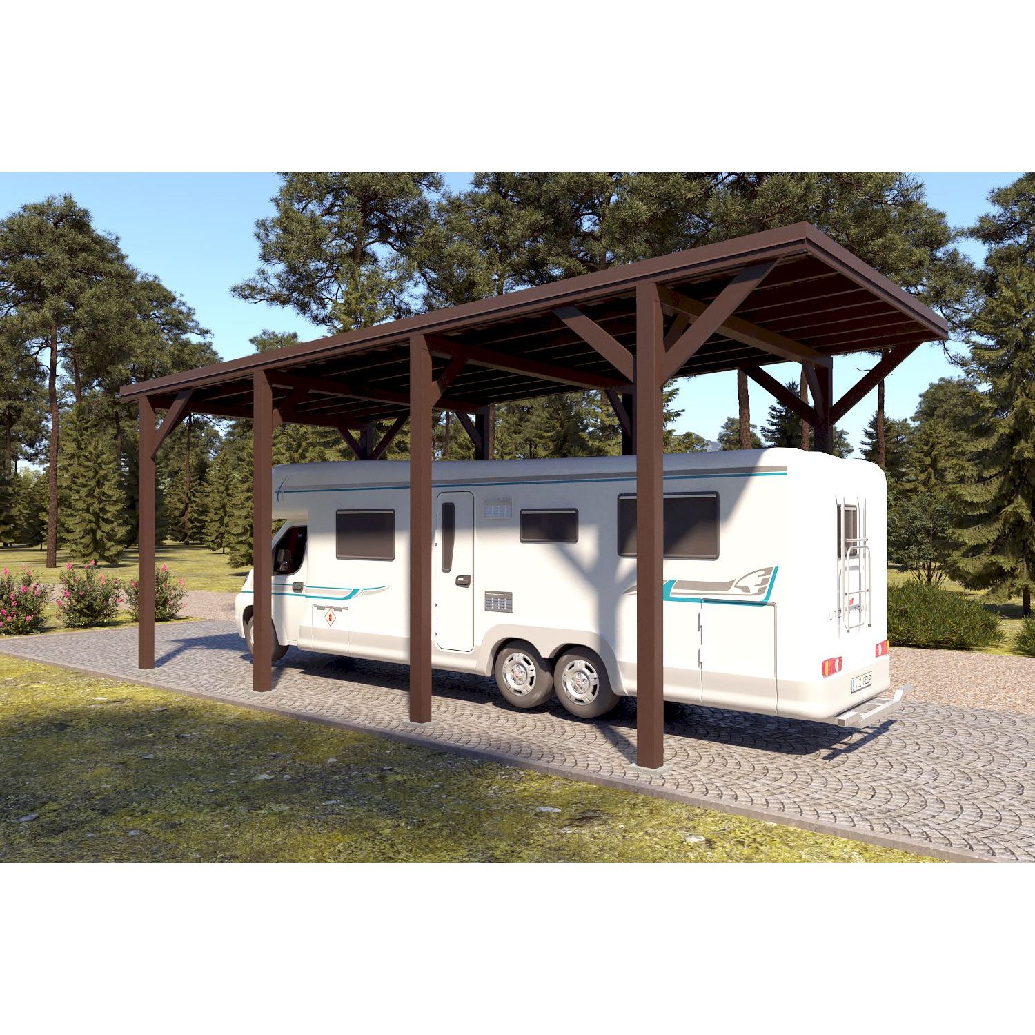 Matkailuautokatos Holzbrüder Ralf 32m2, harmaanruskea RAL 8019, kattopelti havunvihreä RR11
