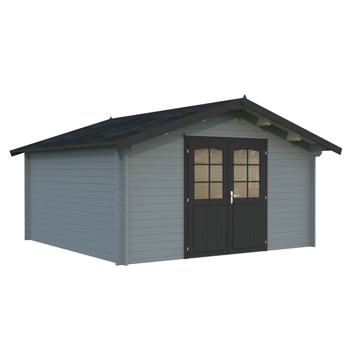 Pihavarasto Palmako Lotta, 13,9m², seinät vaaleanharmaa RAL7042 / ovet ja räystäslaudat antrasiitti RAL7016