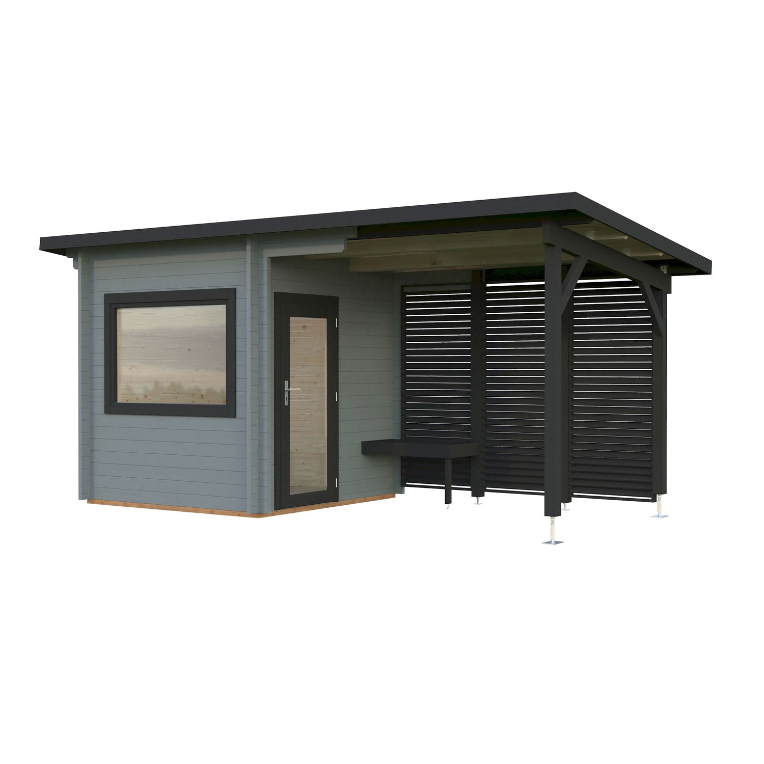 Pihasauna Palmako Sanna 4,1+5,9 m², seinät vaaleanharmaa RAL7042 / ovet, ikkunat ja räystäslaudat antrasiitti RAL7016