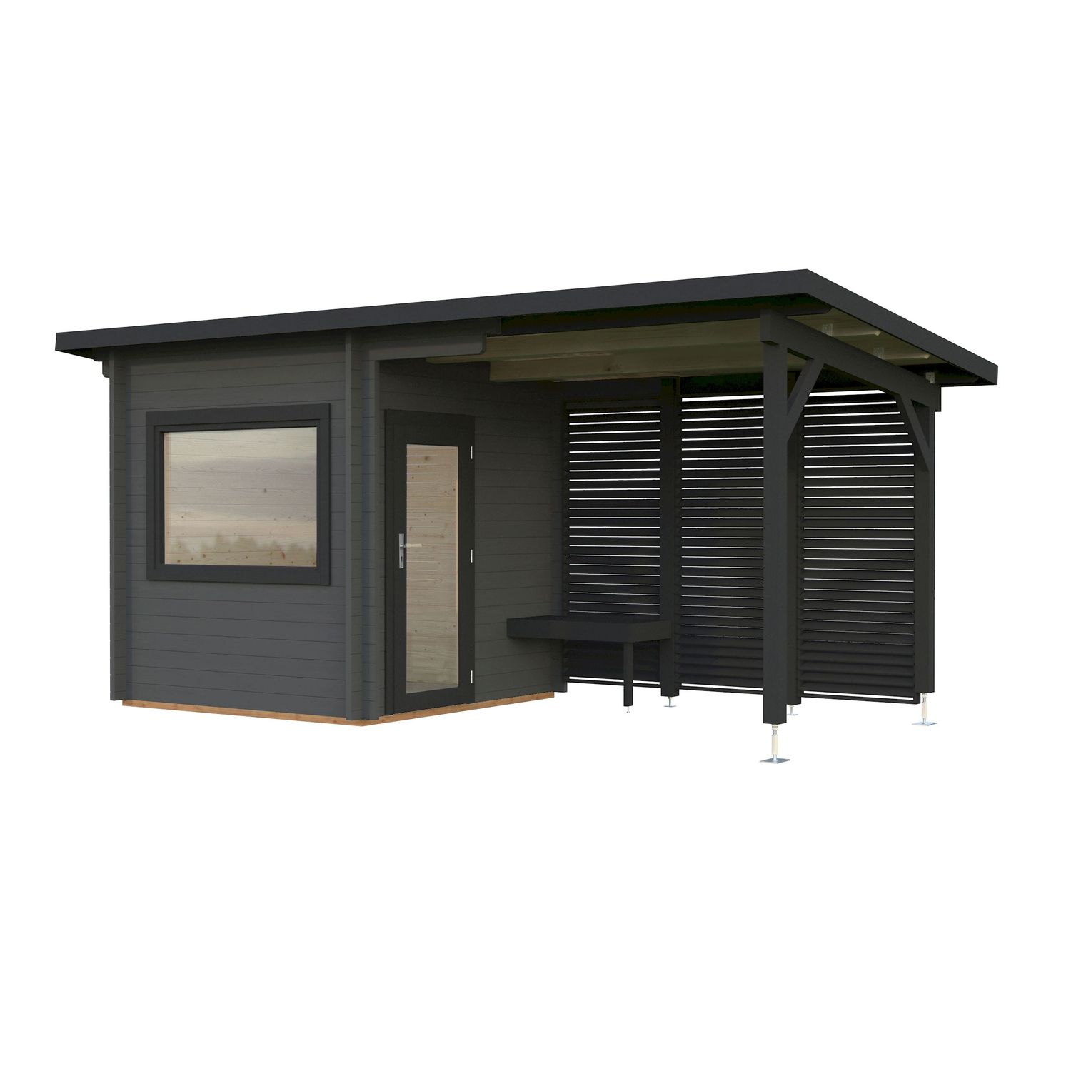 Pihasauna Palmako Sanna 4,1+5,9 m², seinät harmaa RAL7012 / ovet, ikkunat ja räystäslaudat antrasiitti RAL7016
