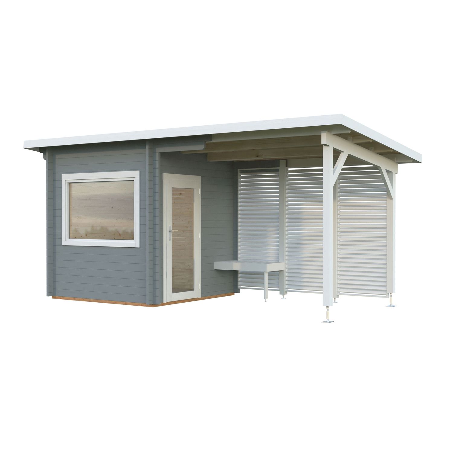 Pihasauna Palmako Sanna 4,1+5,9 m², seinät vaaleanharmaa RAL7042 / ovet, ikkunat ja räystäslaudat valkoinen RAL9016