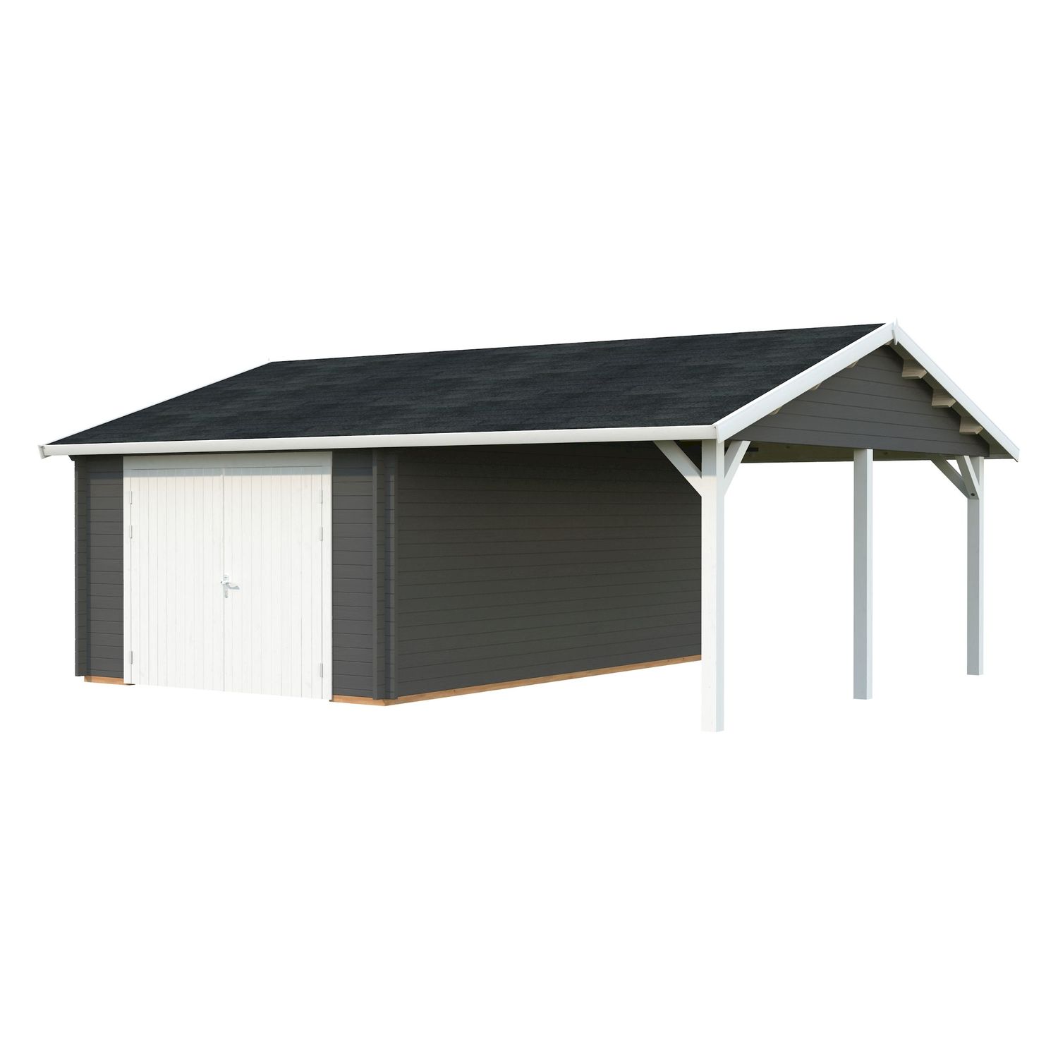 Autotalli Palmako Roger, puuovilla, 19,0+16,2 m2, seinät harmaa RAL7012 / ovet, ikkunat ja räystäslaudat valkoinen RAL9019