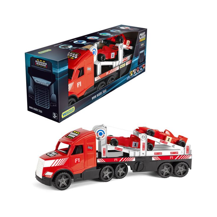 Leluautonkuljetusauto Wader Magic Truck Action, 79cm, 2 formula-autolla