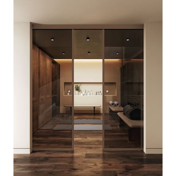 Kattokiinnitteiset liukuvat pariovet Hietakari Inne C2N New York, soft closing -mekanismilla