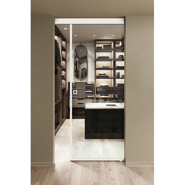 Kattokiinnitteinen liukuovi Hietakari Inne C1N New York, soft closing -mekanismilla