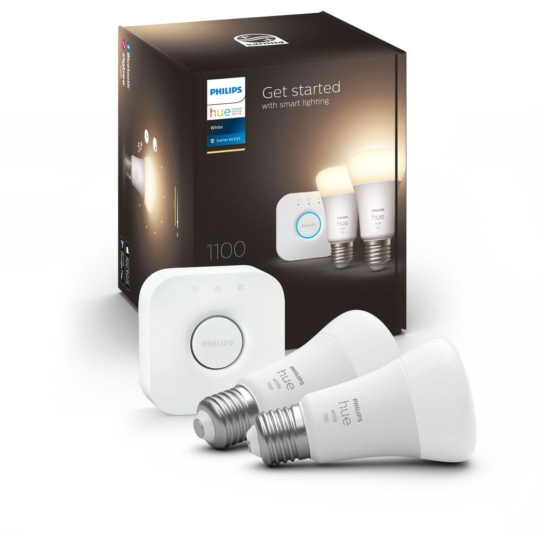 Aloituspakkaus Philips Hue W, 2 x älylamppu (9.5W, A60, E27) ja Hue-silta