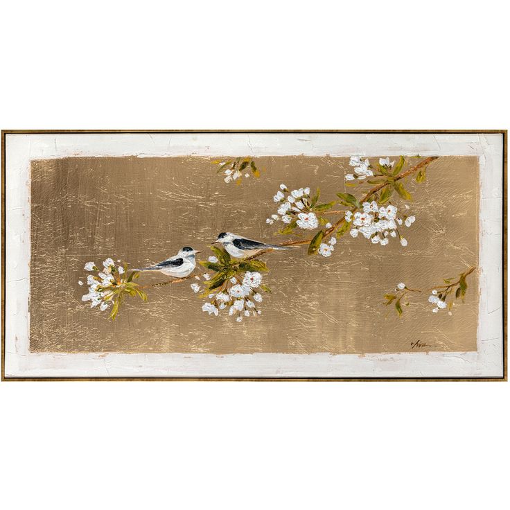 Painting with frame 60x120cm, bird on gold