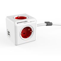 Jatkojohto Allocacoc PowerCube Extended USB, 1.5m, 4-osainen + 2xUSB-A, punainen/valkoinen