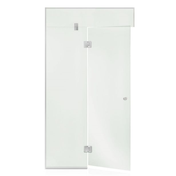 Saunan lasiseinä Andres Glass, ovi, iso lisäpala, korkea ikkuna, saranat keskellä