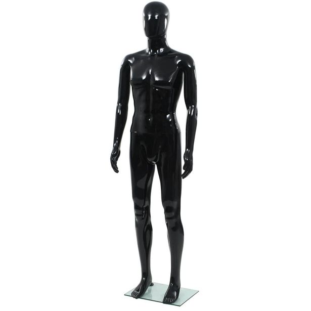Aidon kokoinen miesmallinukke lasijalustalla musta 185 cm