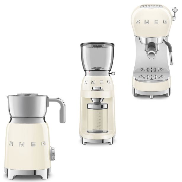 Tuotepaketti Smeg - espressokone ECF02, maidonvaahdotin MFF11 ja kahvimylly CGF11, beige