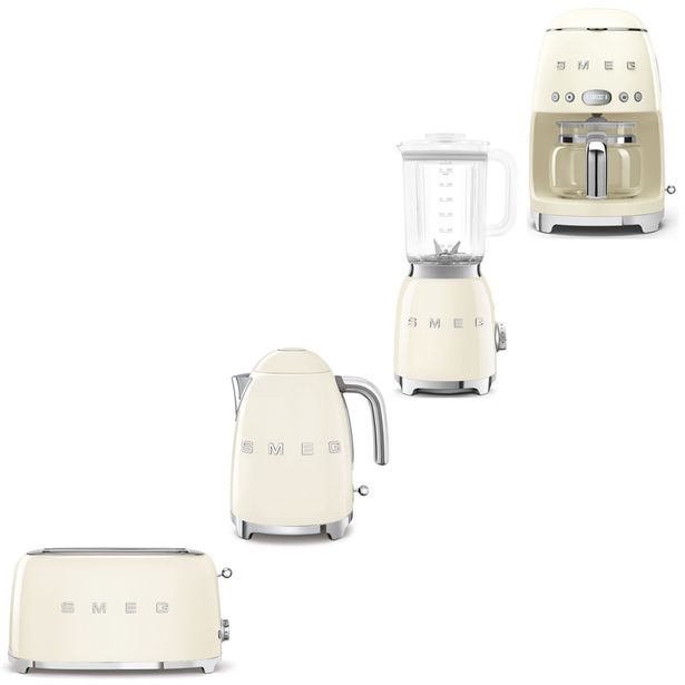Tuotepaketti Smeg - vedenkeitin KLF03 1,7 l, kahvinkeitin, tehosekoitin BLF03 ja leivänpaahdin TSF02, beige