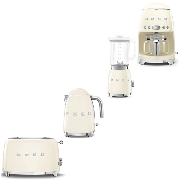 Tuotepaketti Smeg - vedenkeitin KLF03 1,7 l, kahvinkeitin, tehosekoitin BLF03 ja leivänpaahdin TSF01, beige