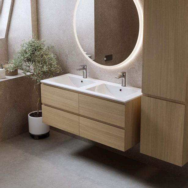 Kylpyhuoneryhmä valopeilillä Bathlife Eufori, 120 cm, vaalea tammi