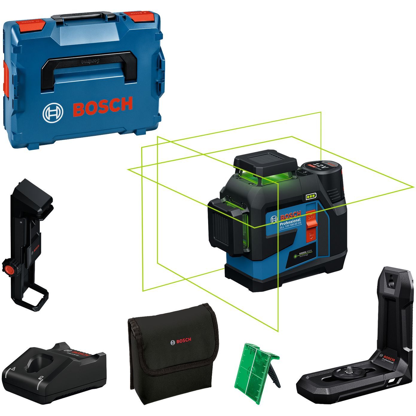 Linjalaser Bosch Professional GLL 12V-100-33 CG, 12V, 2.0Ah akulla + L-Boxx