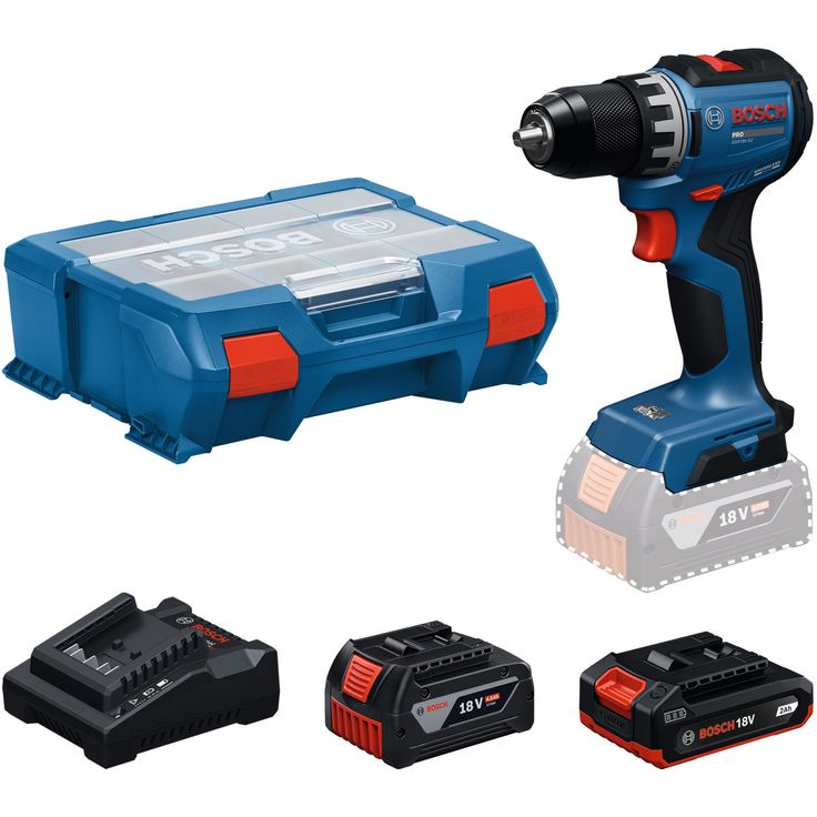 Akkuiskuporakone Bosch Professional GSB18V-52, 18V, 2.0+4.0Ah akuilla + 82-osainen tarvikesarja + L-Case
