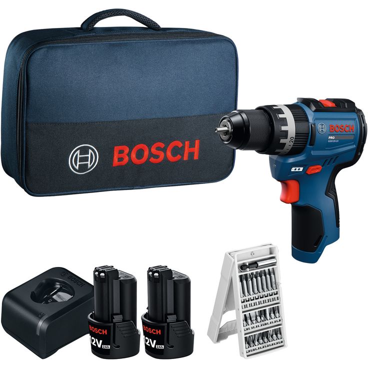 Akkuiskuporakone Bosch Professional GSB12V-31, 25-osaisella tarvikesarjalla, 12V, 2x2.0Ah akuilla