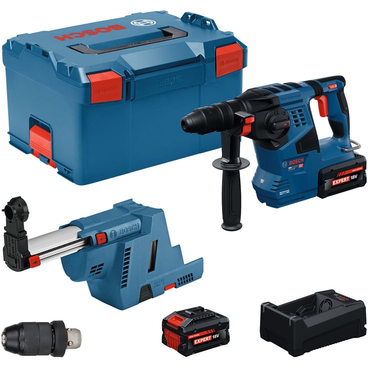 Akkuporavasara Bosch Professional GBH18V-28F, 18V, 2x8.0Ah akuilla + L-Boxx, pikaistukka, GDE-pölynpoistoadapteri