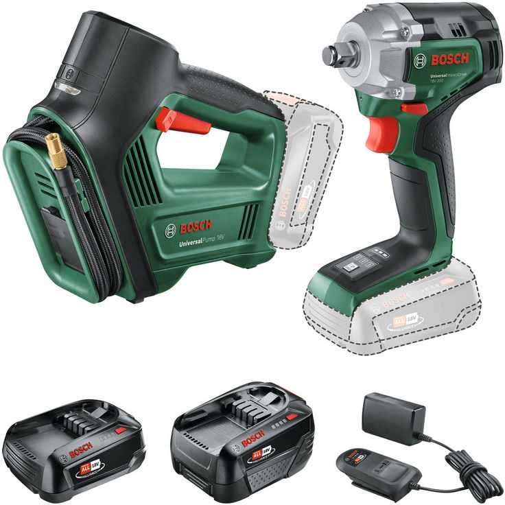 Renkaanvaihtosarja Bosch DIY, iskumutterinväännin + paineilmapumppu, 18V, 2.0+4.0Ah akuilla