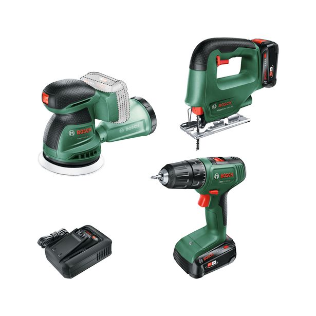 Akkukonesarja Bosch DIY, EasyDrill 18V-40 + EasySaw 18V-70 + EasyOrbit 18V-10, 2x2.5Ah akuilla