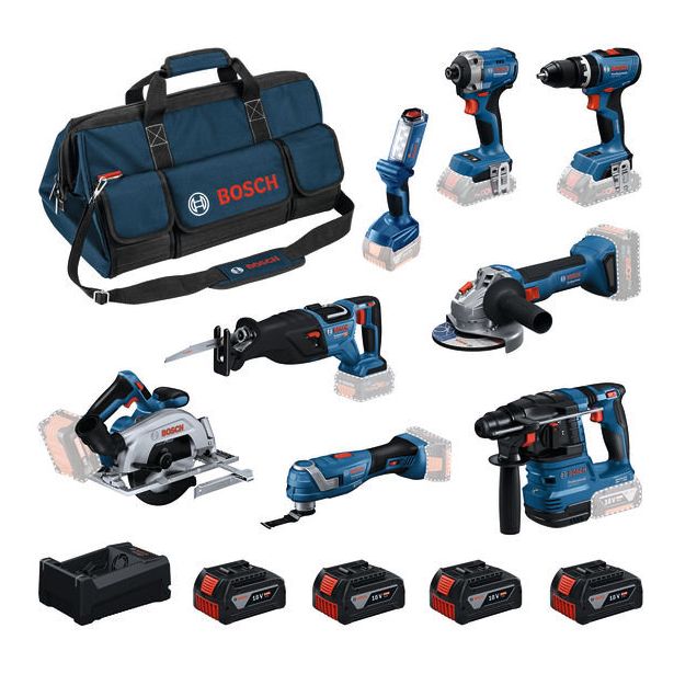Akkukonesarja Bosch Professional GBH/GWS/GDR/GSB/GKS/GSA/GOP/GLI, 8 osaa, 18V, 4x5.0Ah akuilla + laukku