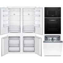 Keittiön kodinkonepaketti Bosch, sis. side-by-side jääkaappipakastin, astianpesukone, uuni ja mikroaaltouuni