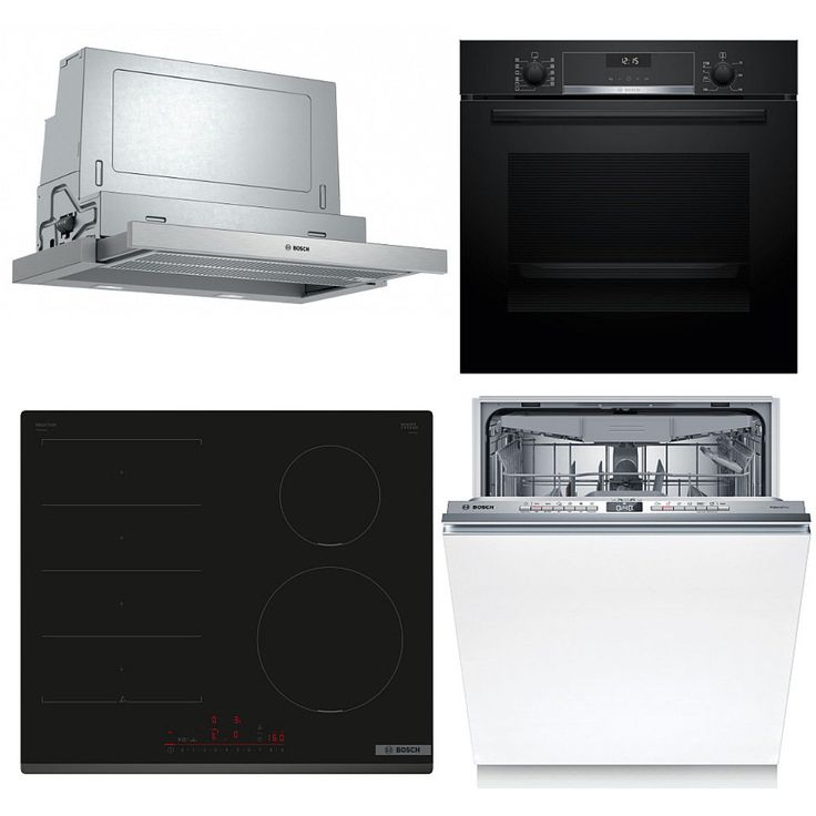Keittiöpaketti Bosch - HBG537FB4 kalusteuuni, PIX631HC1E induktiotaso, SMV4HMX08E astianpesukone ja DFS067A51 liesituuletin