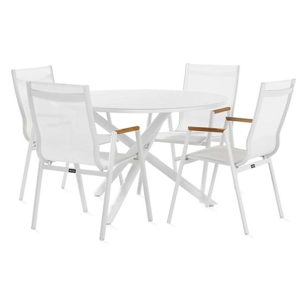 Ruokailuryhmä Space Ø120cm + 4 Las Vegas -karmituolia, valkoinen/tiikki