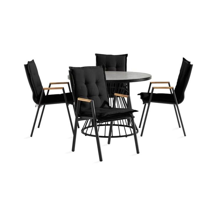 Ruokailuryhmä Cage Ø110cm, 4 Las Vegas -karmituolia, musta/tiikki + pehmusteet, eri värejä