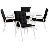 Ruokailuryhmä Space Ø120cm + 4 Las Vegas -karmituolia, valkoinen/tiikki + mustat pehmusteet