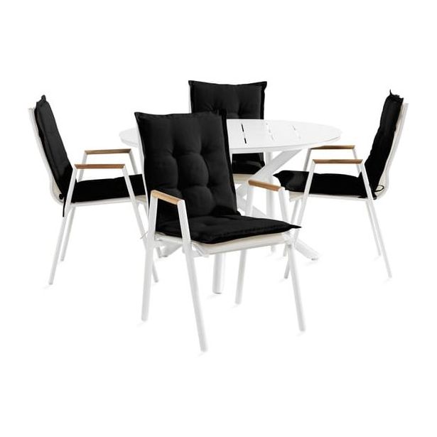 Ruokailuryhmä Space Ø120cm + 4 Las Vegas -karmituolia, valkoinen/tiikki + mustat pehmusteet
