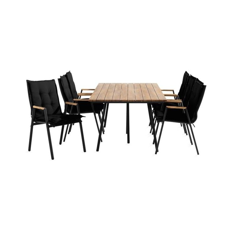 Ruokailuryhmä Trio 200x100cm, 6 Las Vegas -karmituolia, musta/tiikki + pehmusteet, eri värejä
