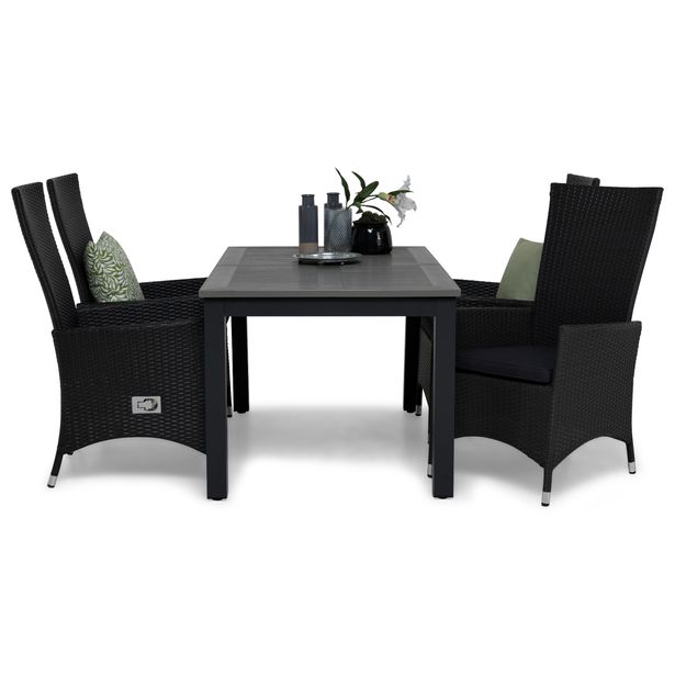 Ruokailuryhmä Sitges 4 Lusaka tuolia musta/harmaa 152-210 cm harmaat pehmusteet