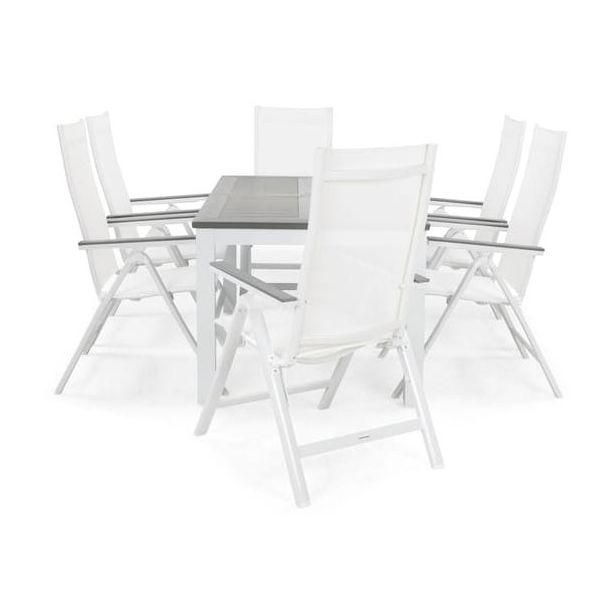 Ruokailuryhmä Monaco 152-210cm, 6 Monaco Light -tuolia, valkoinen/harmaa