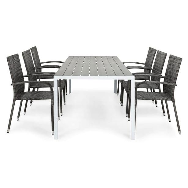 Ruokailuryhmä Tunis 205x90cm, 6 Thor Light -tuolia, valkoinen/harmaa