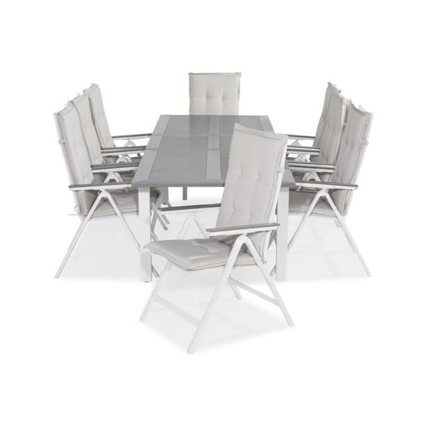 Ruokailuryhmä Monaco 220-280x100cm, 8 Monaco Light -tuolia, valkoinen/harmaa + pehmusteet, eri värejä