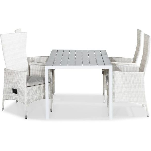 Ruokailuryhmä Tunis 150x90cm, 4 Jenny-tuolia, valkoinen/harmaa + luonnonvalkoiset pehmusteet