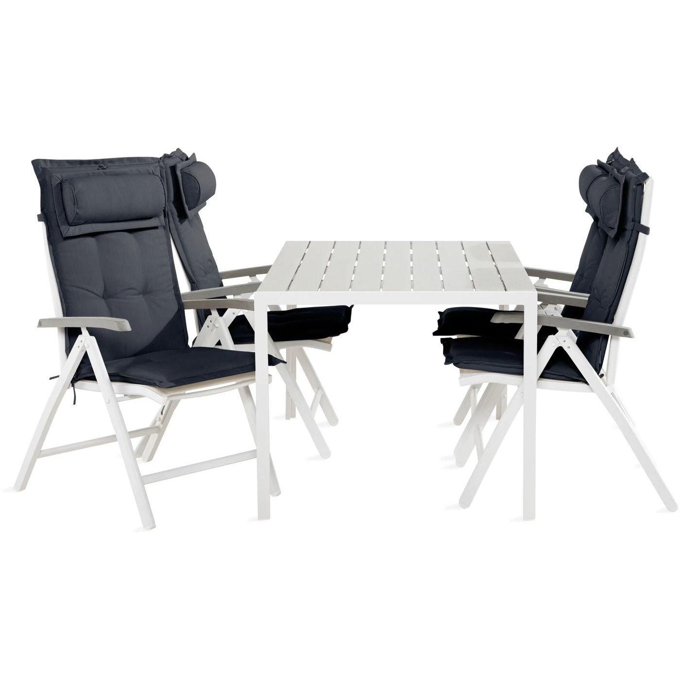 Ruokailuryhmä Tunis 150x90cm, 4 Monaco-säätötuolia, valkoinen/harmaa + harmaat pehmusteet, niskatyynyt