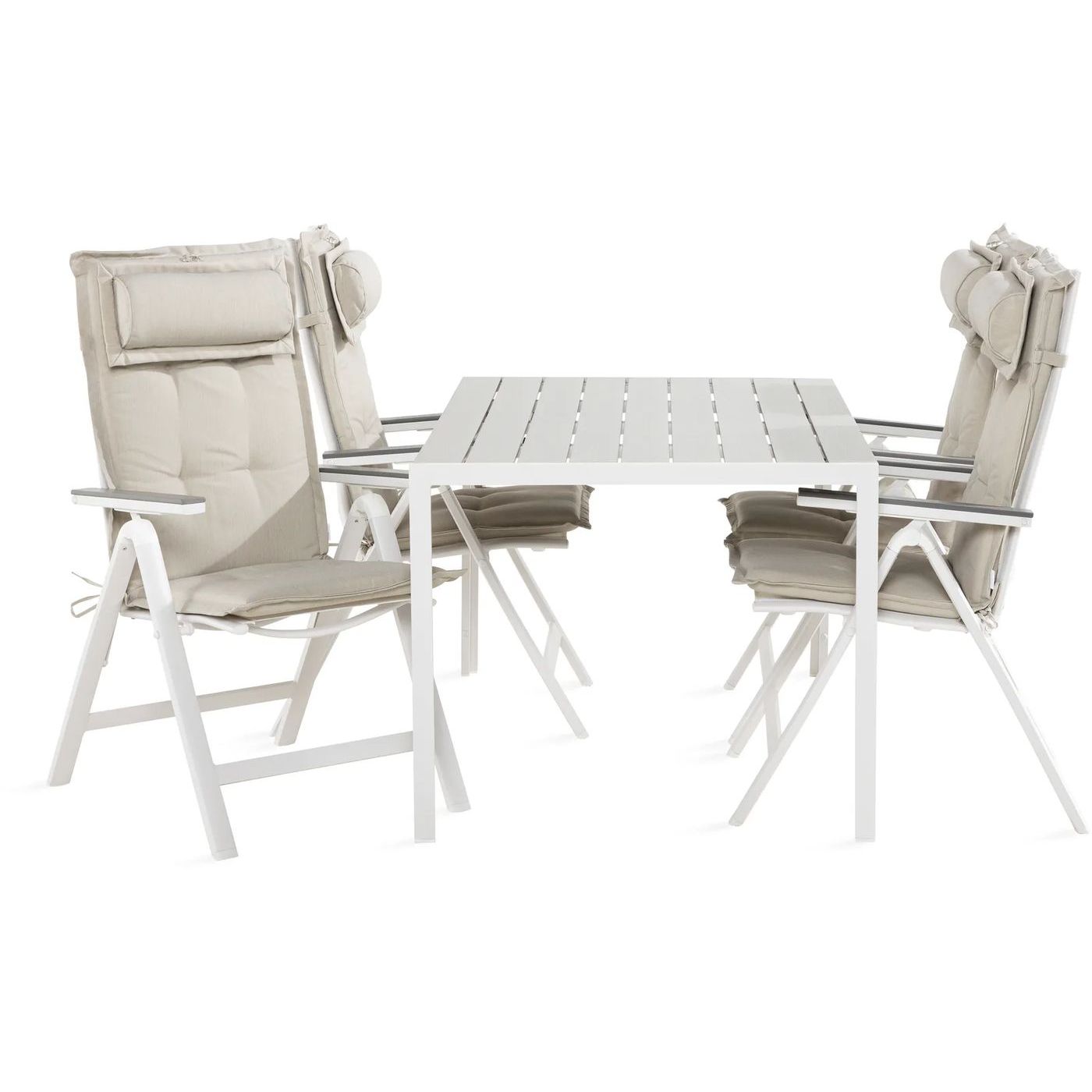 Ruokailuryhmä Tunis 150x90cm, 4 Monaco Light -tuolia, valkoinen/harmaa + luonnonvalkoiset pehmusteet, niskatyynyt